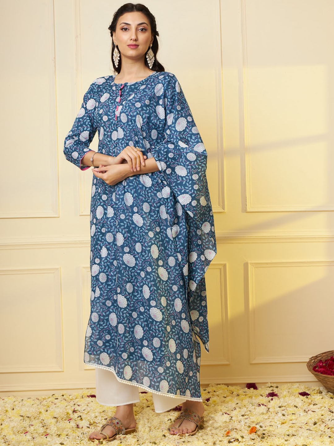 

Tissu Floral Printed Pure Cotton Straight Kurta With Palazzos & Dupatta, Blue