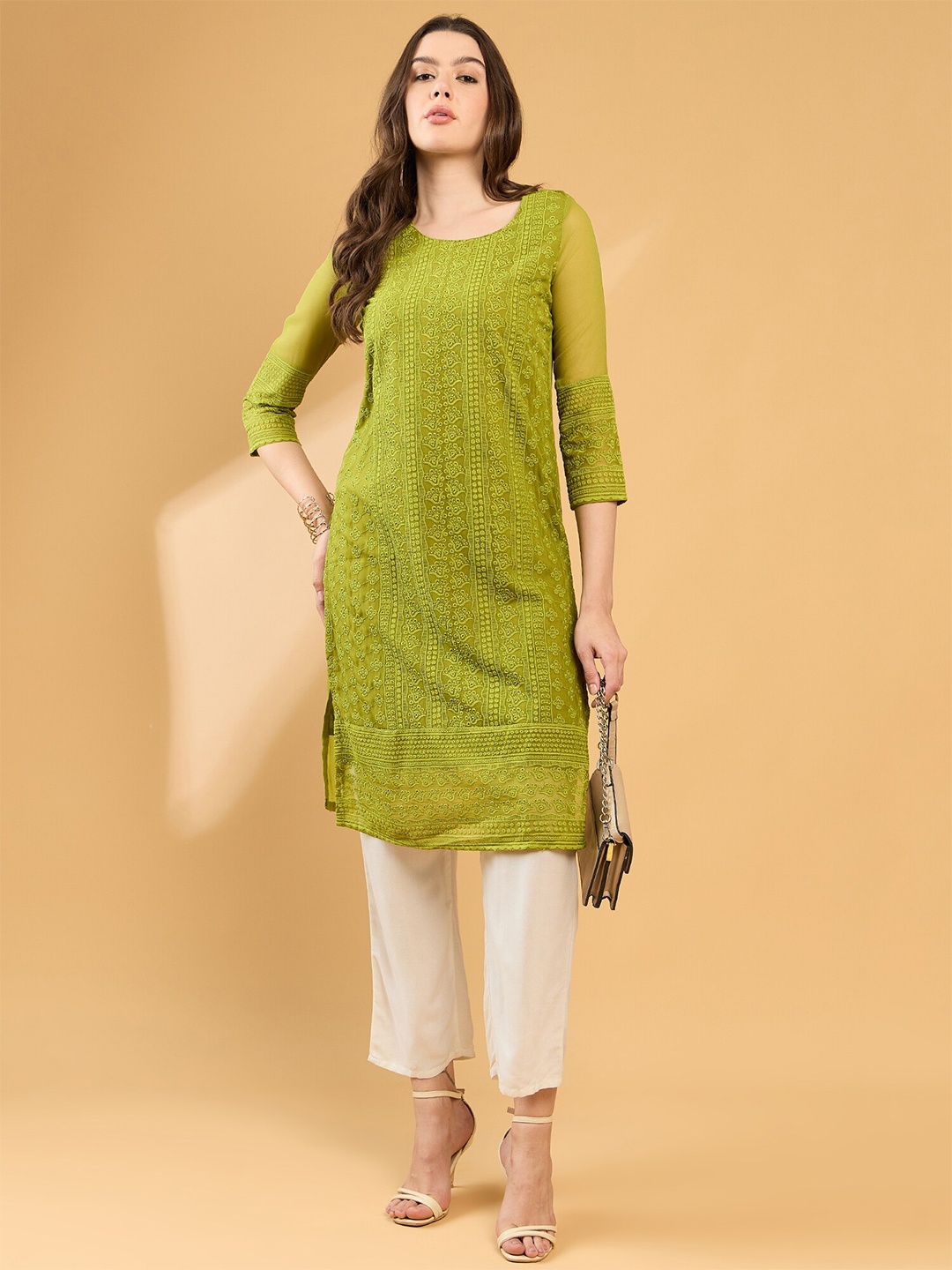 

all about you Ethnic Motifs Round Neck Regular Sleeves Chikankari Kurta, Green