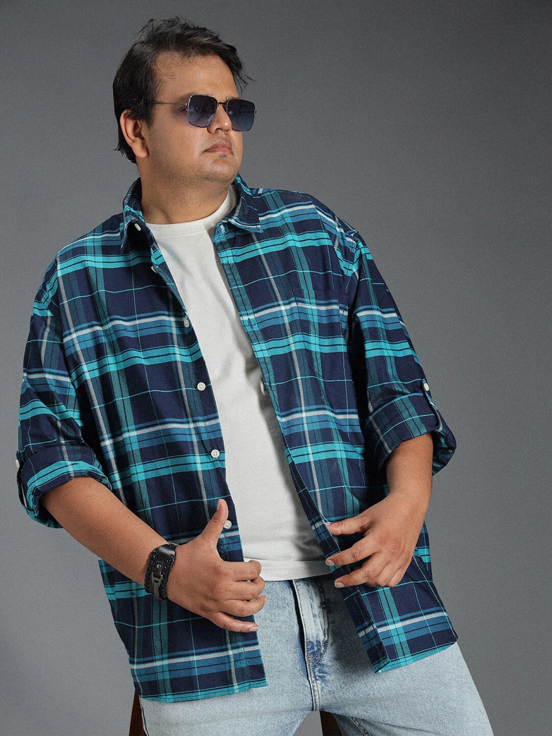 

Freeform by High Star Classic Tartan Checked Cotton Casual Shirt, Navy blue