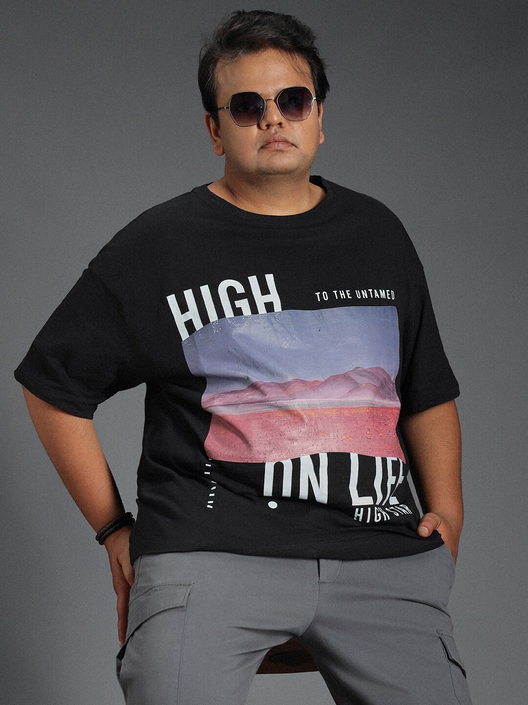 

Freeform by High Star Plus Size Typography Printed Cotton T-shirt, Black