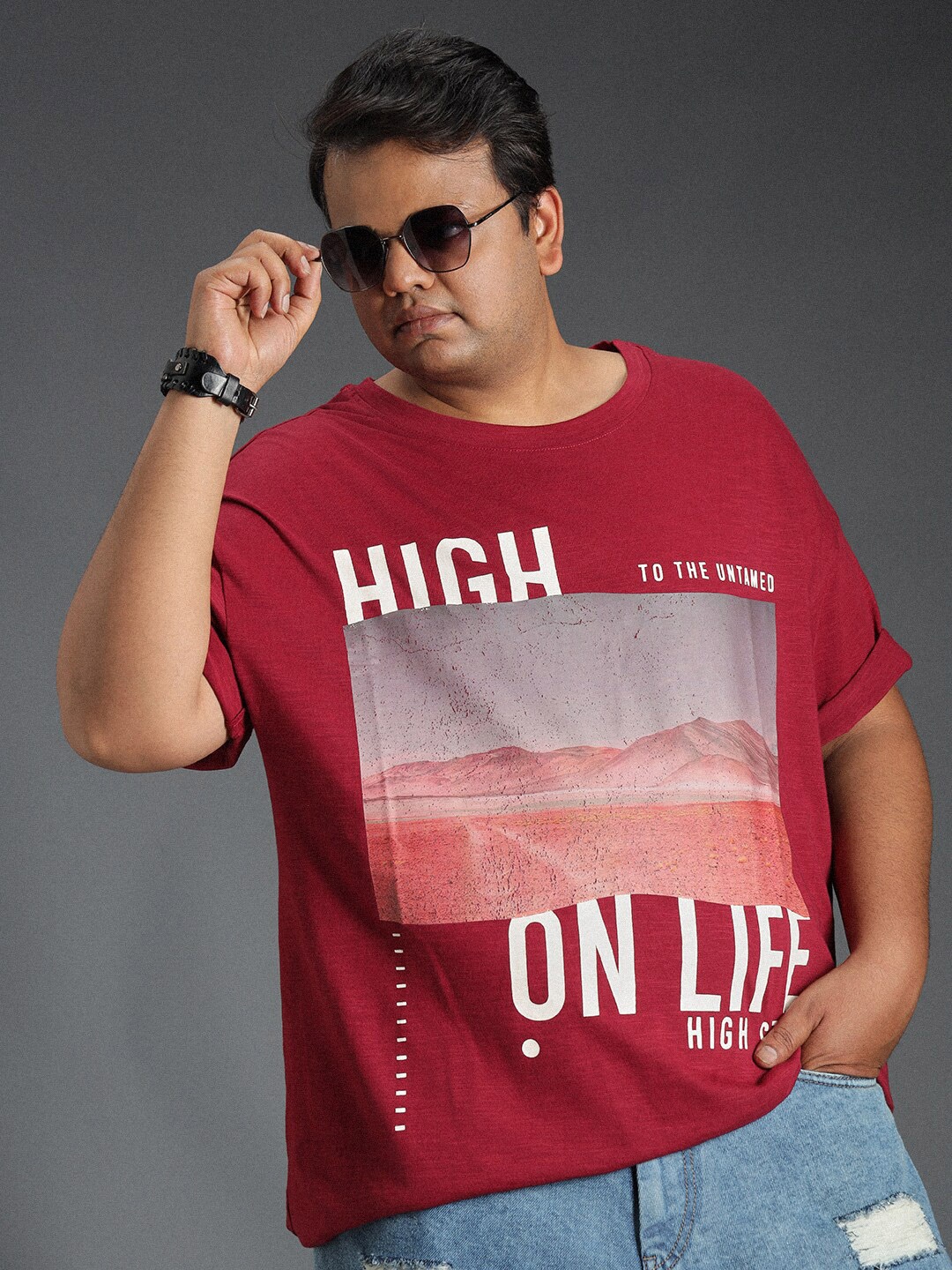 

Freeform by High Star Plus Size Round Neck Printed Cotton T-shirt, Red