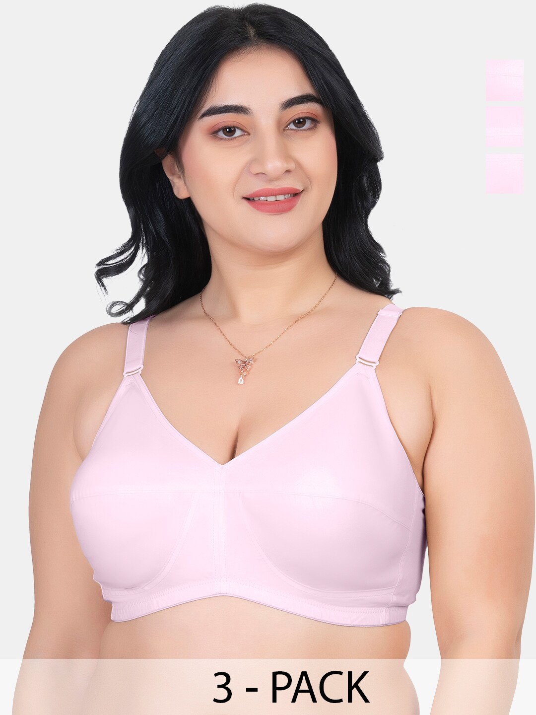 

Souminie Pack Of 3 Pure Cotton Minimizer Bra Full Coverage Non Padded All Day Comfort, Pink