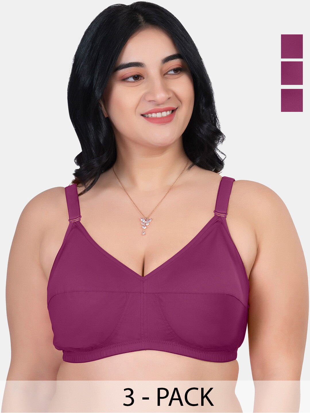 

Souminie Pack Of 3 Pure Cotton Minimizer Bra Full Coverage Non Padded All Day Comfort, Magenta