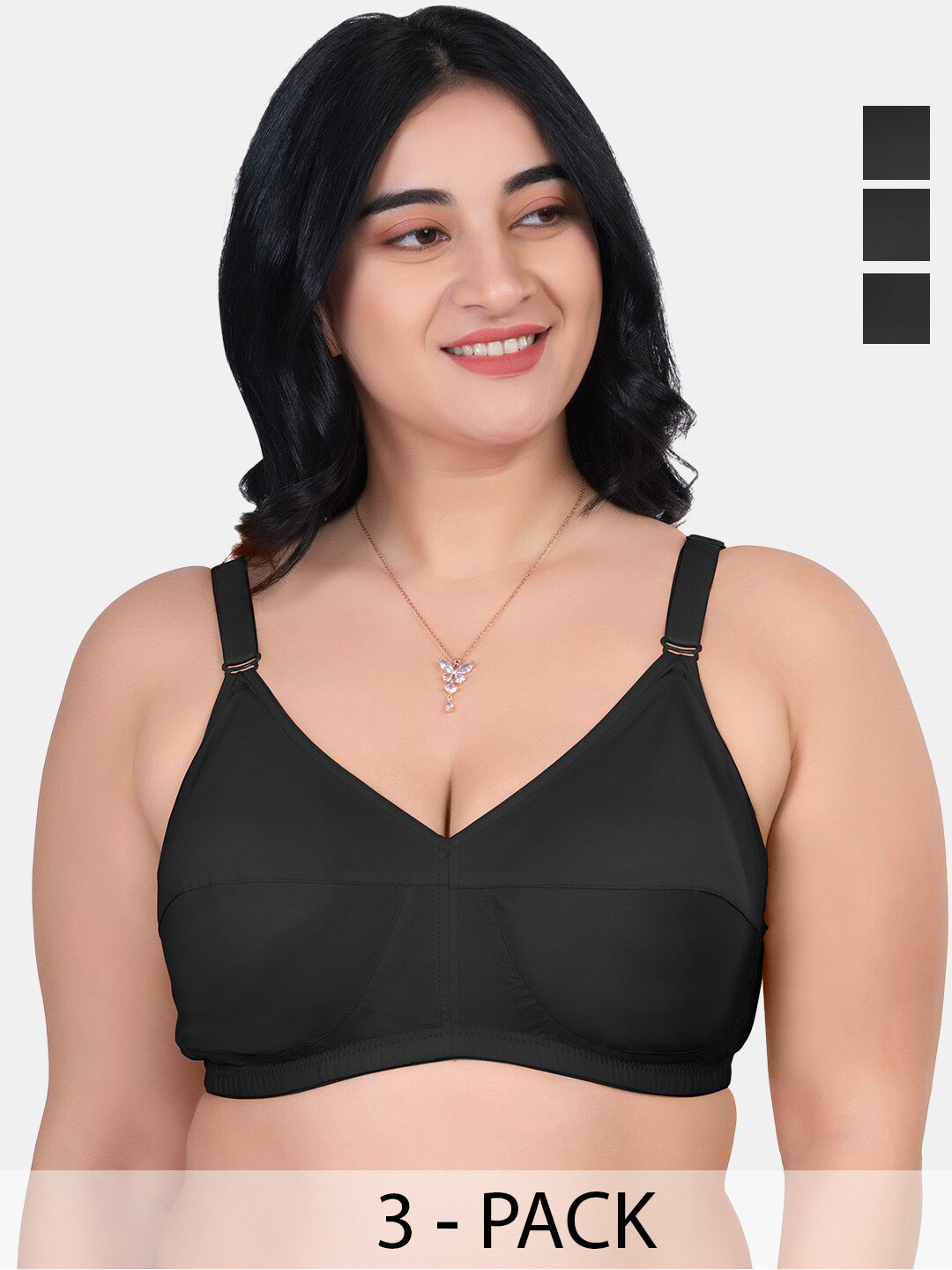 

Souminie Pack Of 3 Pure Cotton Minimizer Bra Full Coverage Non Padded All Day Comfort, Black