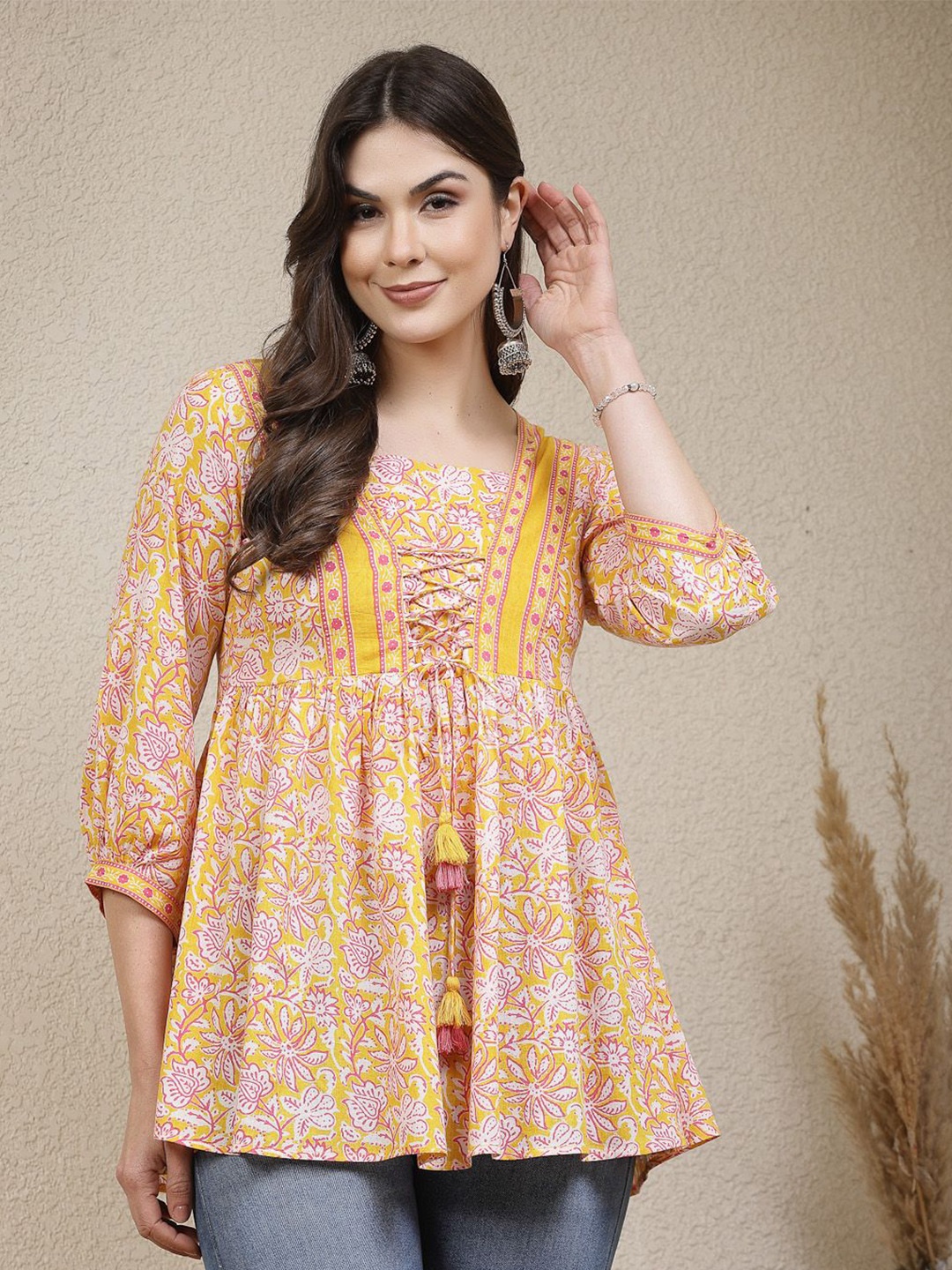 

Stylum Floral Print Puff Sleeve Cotton Peplum Top, Yellow