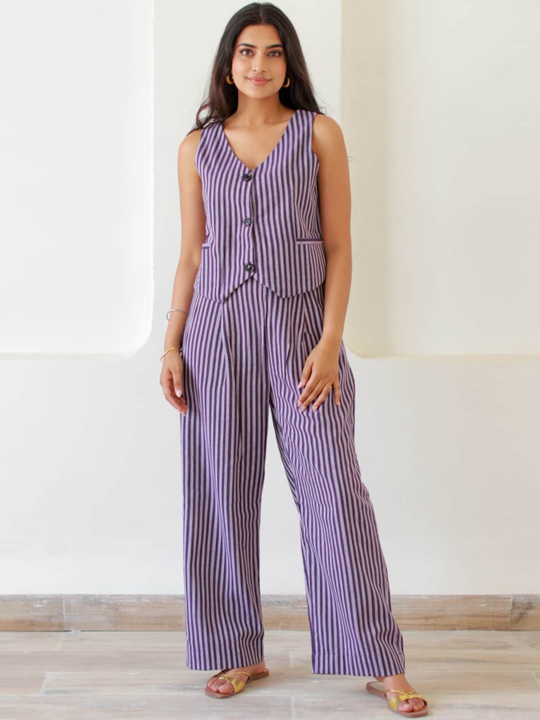 

Ambraee Striped Pure Cotton Top & Palazzos Co-Ords Set, Purple