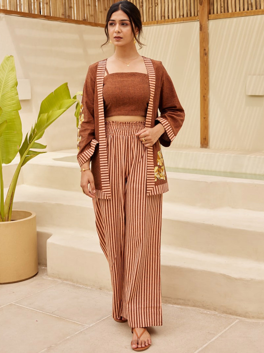 

Ambraee Shoulder Straps Sleeveless Pure Cotton Top & Palazzos With Shrug, Brown