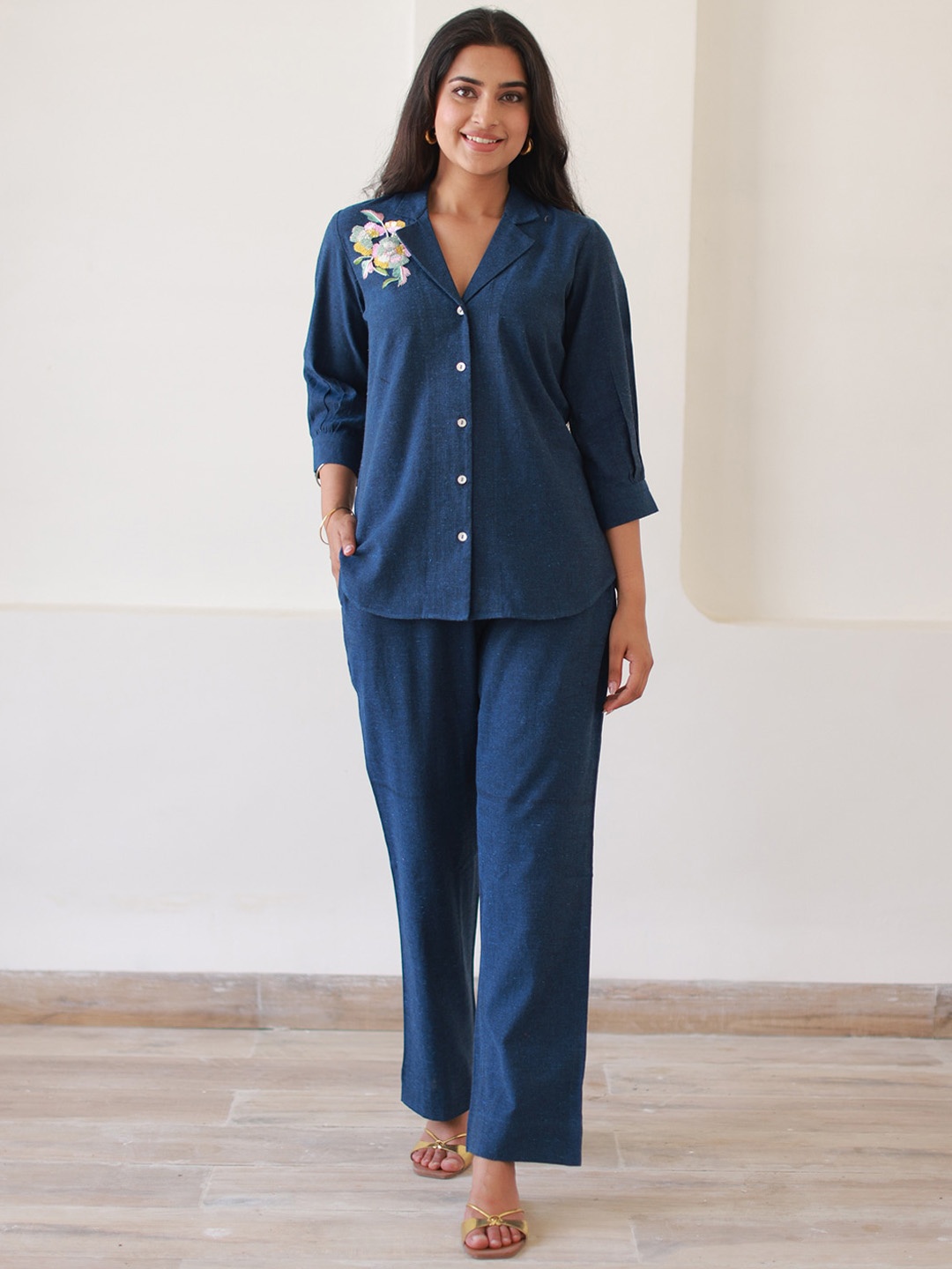 

Ambraee Floral Embroidered Lapel Collar Pure Cotton Shirt With Trouser, Blue