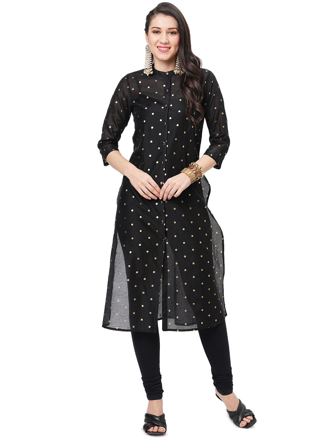 

Hashtag Be Polka Dots Printed Mandarin Collar Chanderi Cotton Straight A-Line Kurta, Black