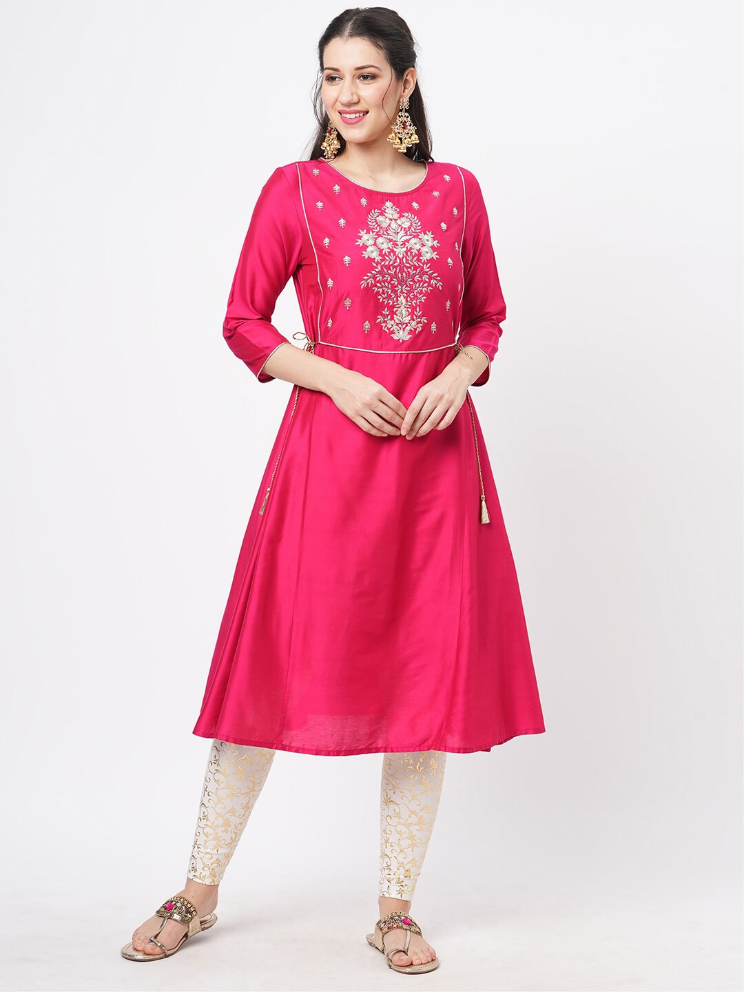 

Hashtag Be Floral Yoke Design Thread Work Flared A-Line Kurta, Fuchsia