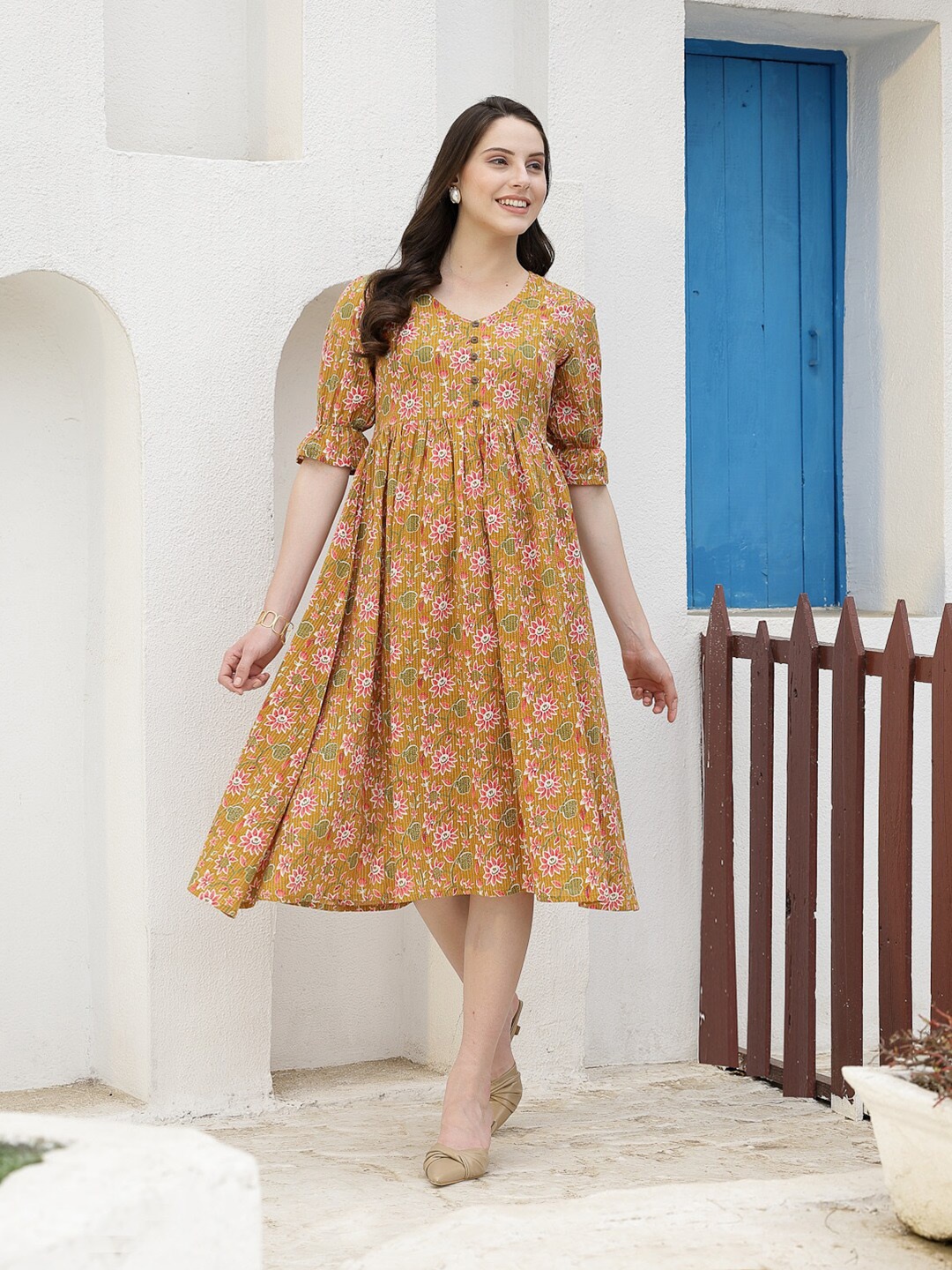 

Stylum Floral Print V-Neck Short Bell Sleeves Cotton A-Line Midi Dress, Mustard