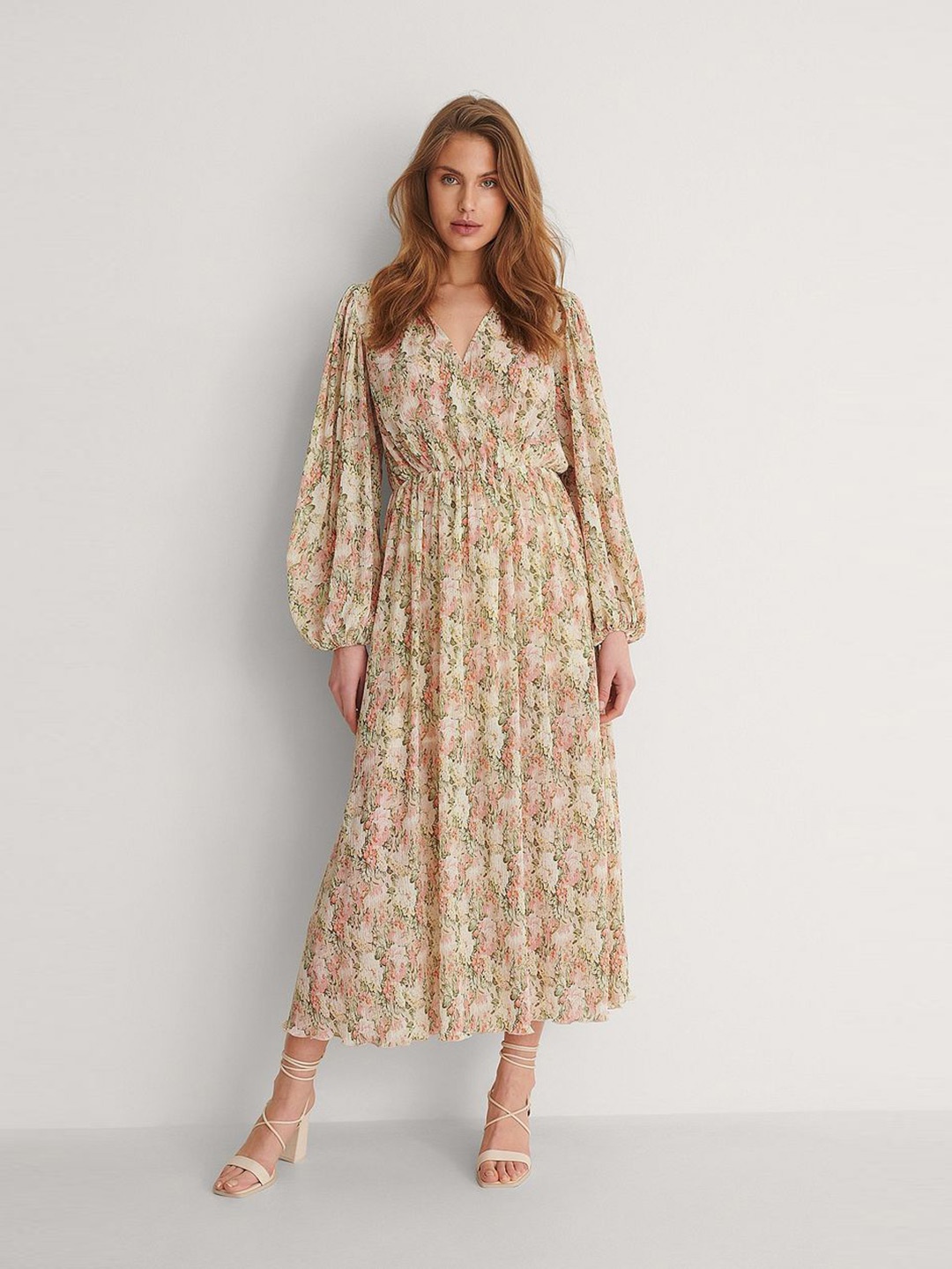

Mast & Harbour Floral Printed Puff Sleeve Georgette A-Line Midi Dress, Beige