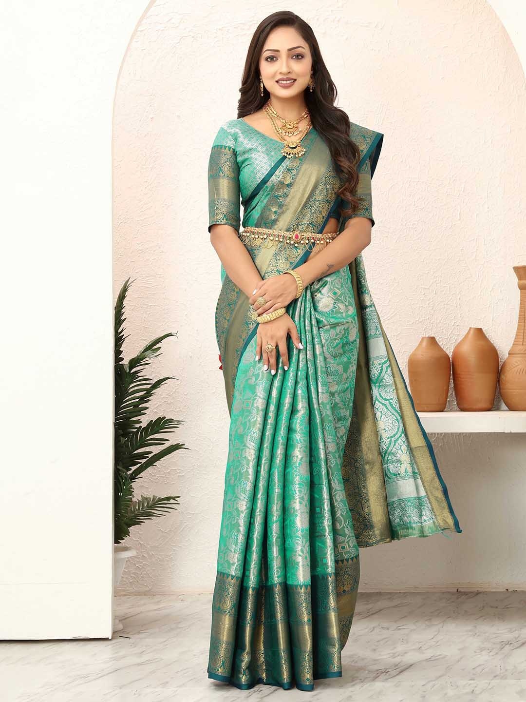 

Tankori Woven Design Zari Pure Silk Dharmavaram Saree, Teal