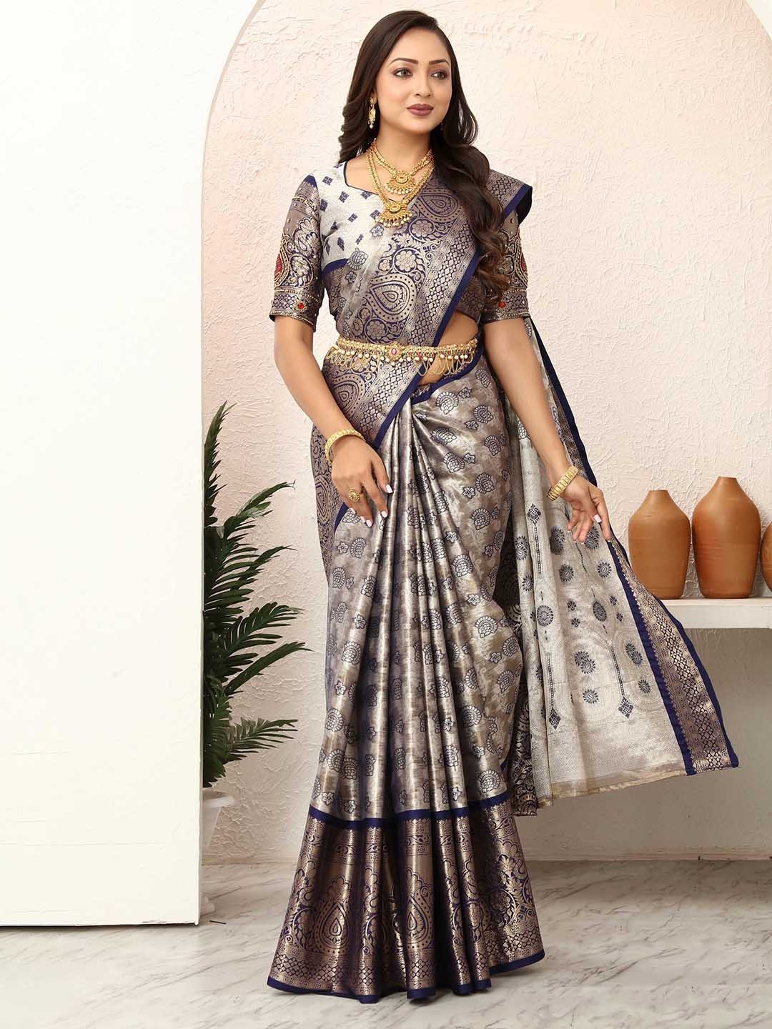

Tankori Woven Design Zari Tissue Kanjeevaram Saree, Navy blue