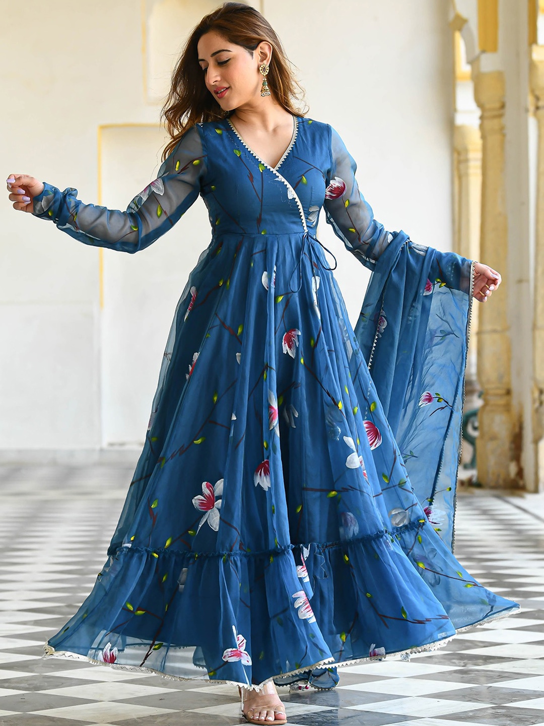 

Ziva Fashion Floral Printed Thread Work Georgette Anarkali Kurta With Dupatta, Blue