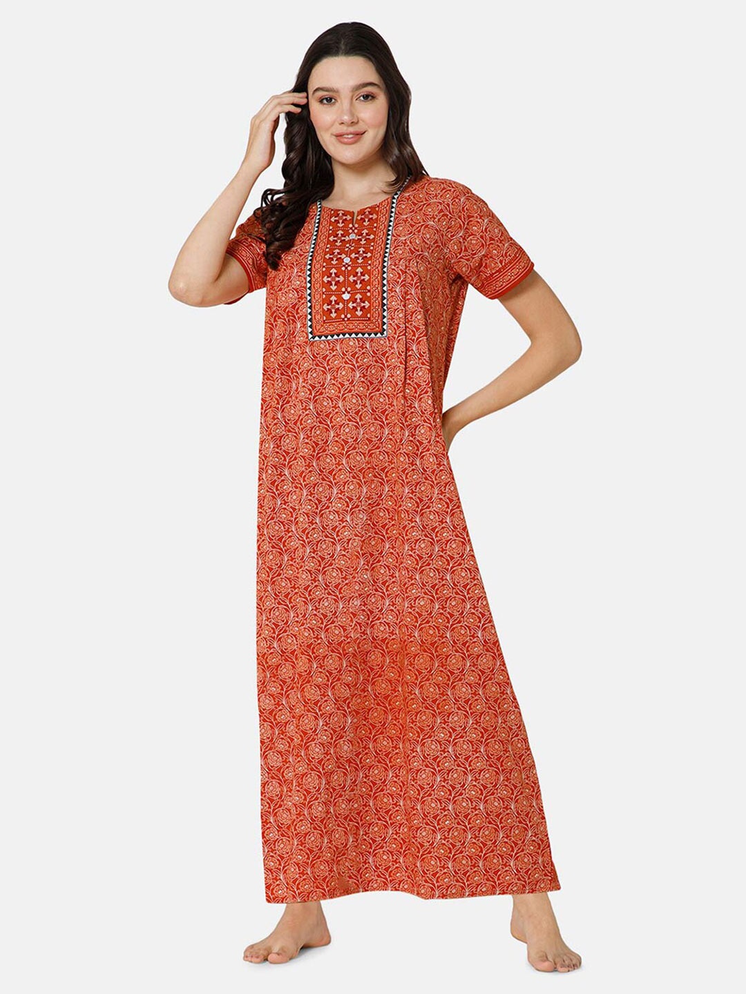 

NAIDU HALL Floral Printed Pure Cotton Maxi Nightdress, Orange