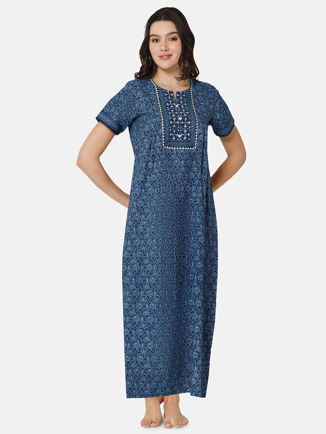 

NAIDU HALL Floral Printed Pure Cotton Maxi Nightdress, Blue