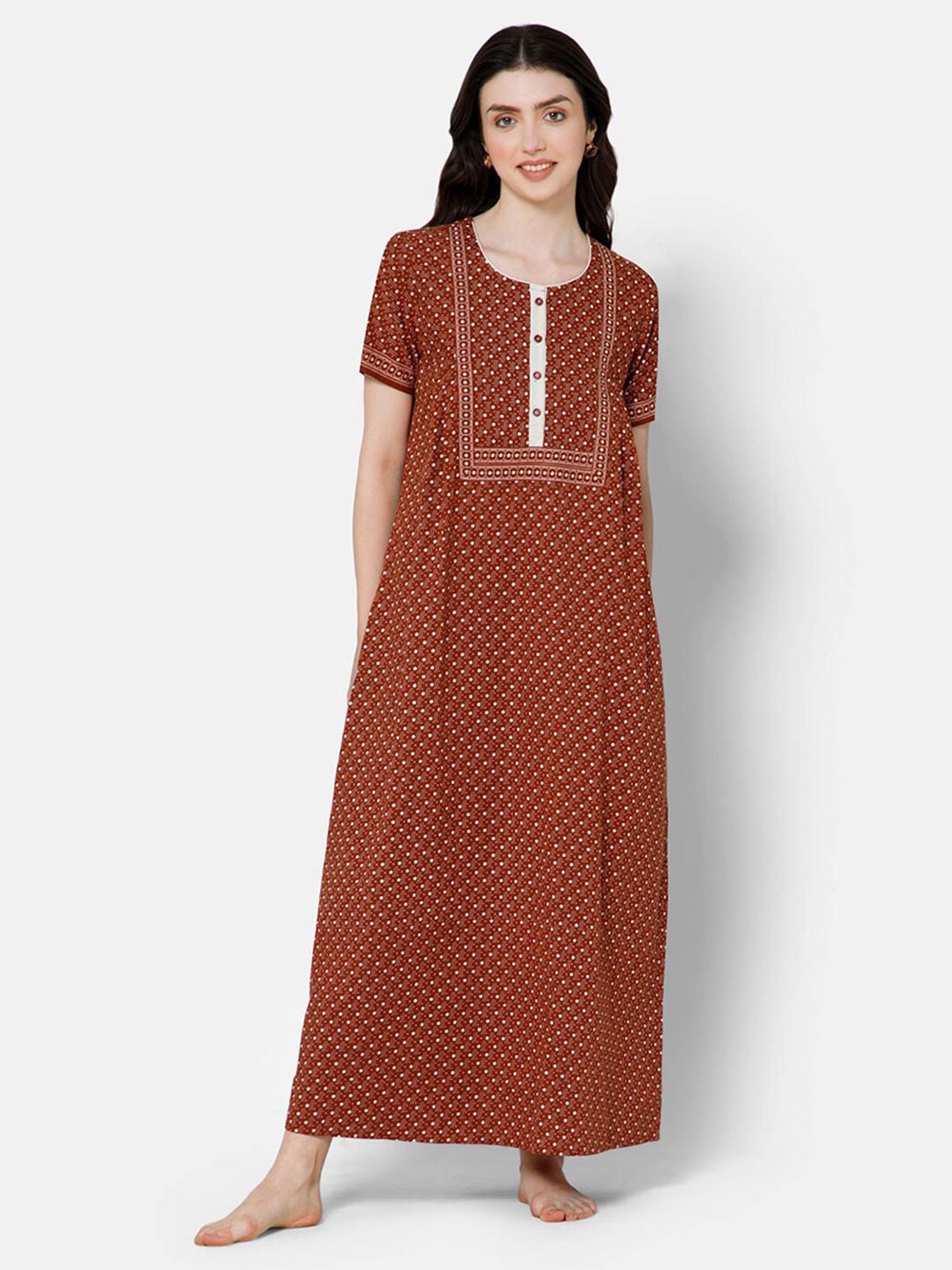 

NAIDU HALL Geometric Printed Pure Cotton Maxi Nightdress, Rust