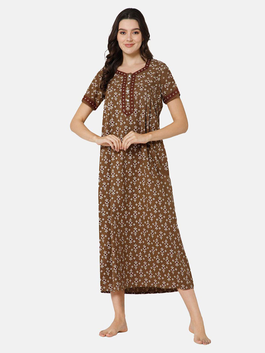 

NAIDU HALL Floral Printed V-Neck Pure Cotton Maxi Nightdress, Green