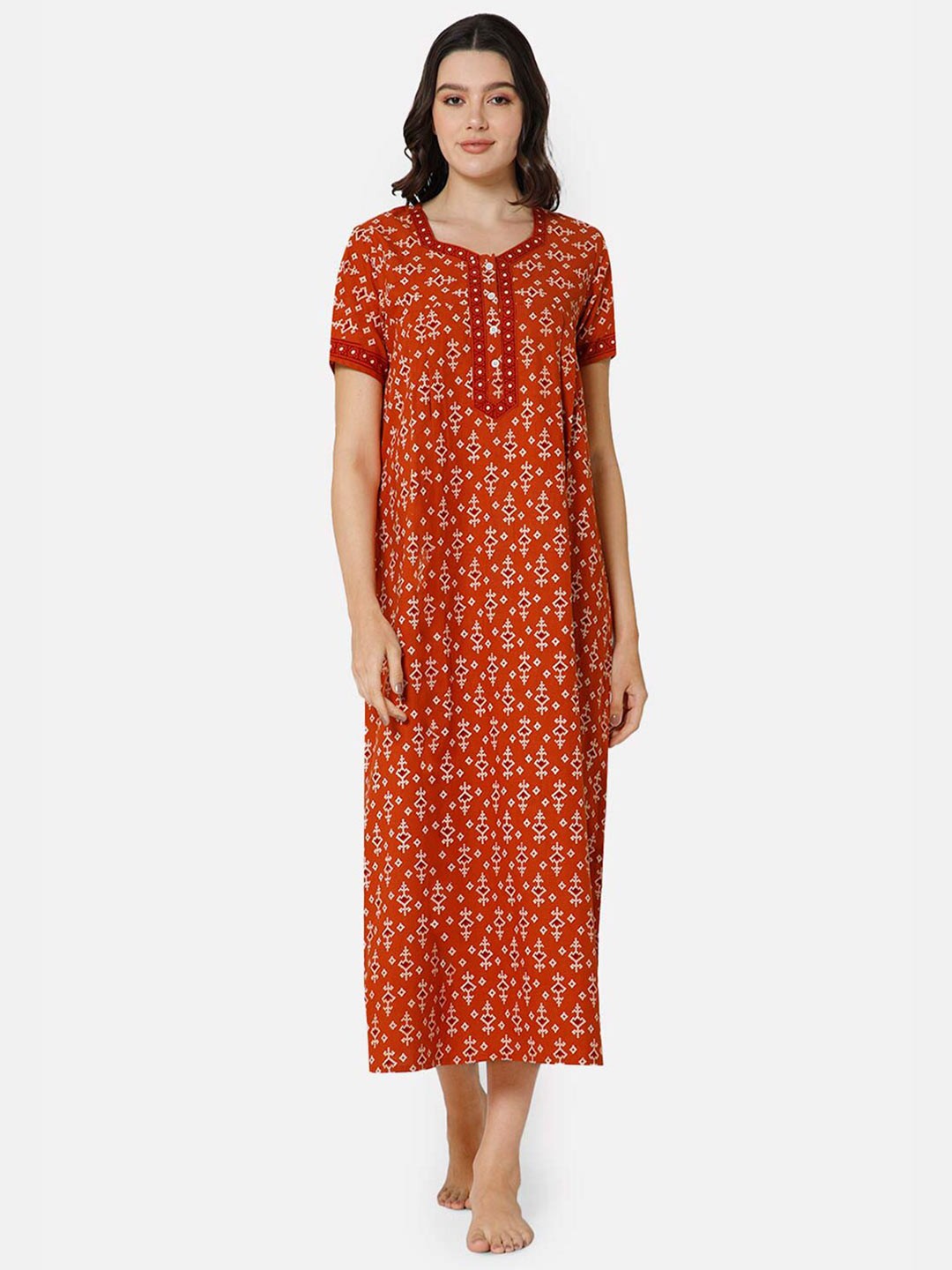 

NAIDU HALL Floral Printed Pure Cotton Maxi Nightdress, Orange