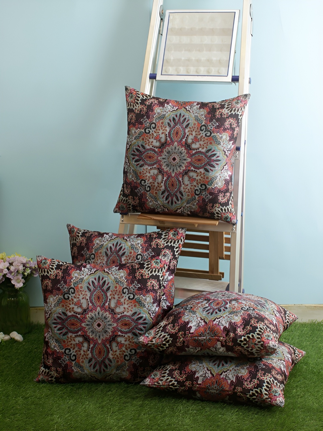 Aura Brown & Pink 5 Pieces Ethnic Motifs Square Cushion Covers