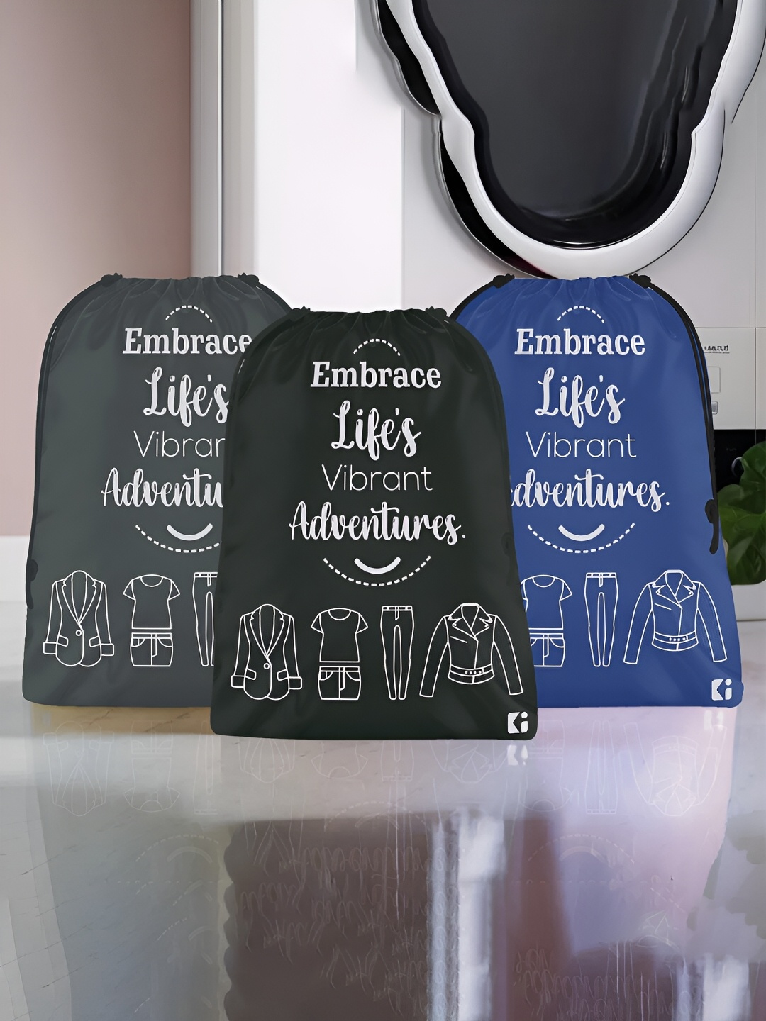 

Kuber Industries Black & Blue 3 Pcs Printed Cloth Storage Bags