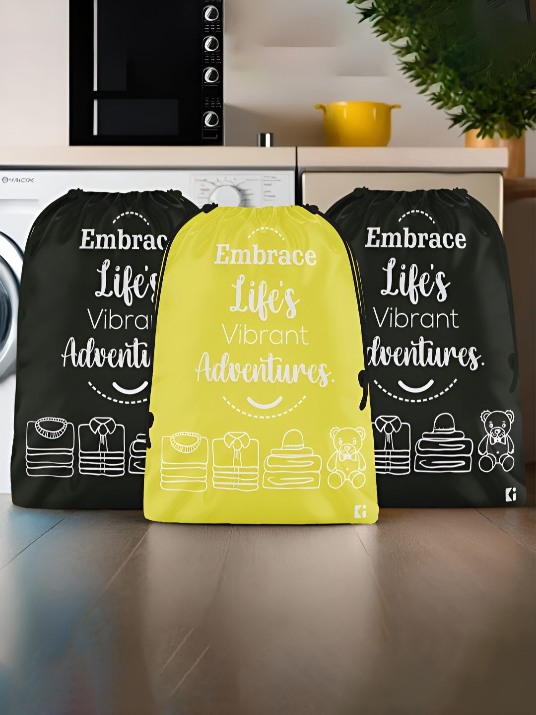 

Kuber Industries Yellow & Black 3 Pcs Printed Cloth Storage Bags