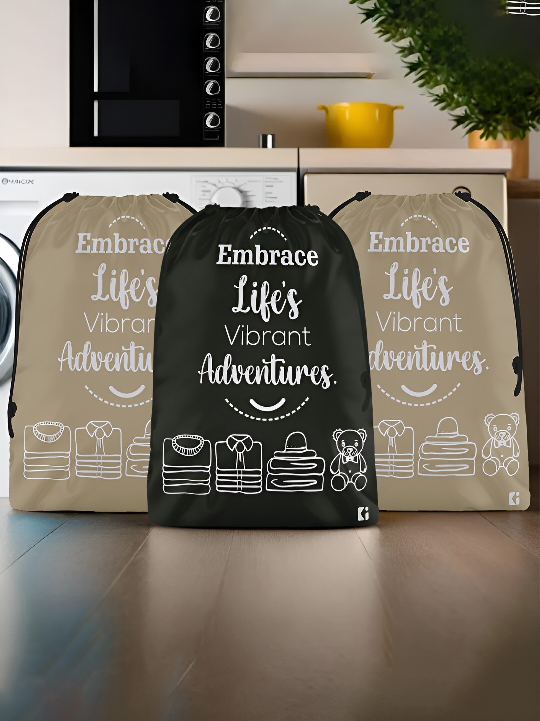 

Kuber Industries Brown & Black 3 Pcs Printed Cloth Storage Bags