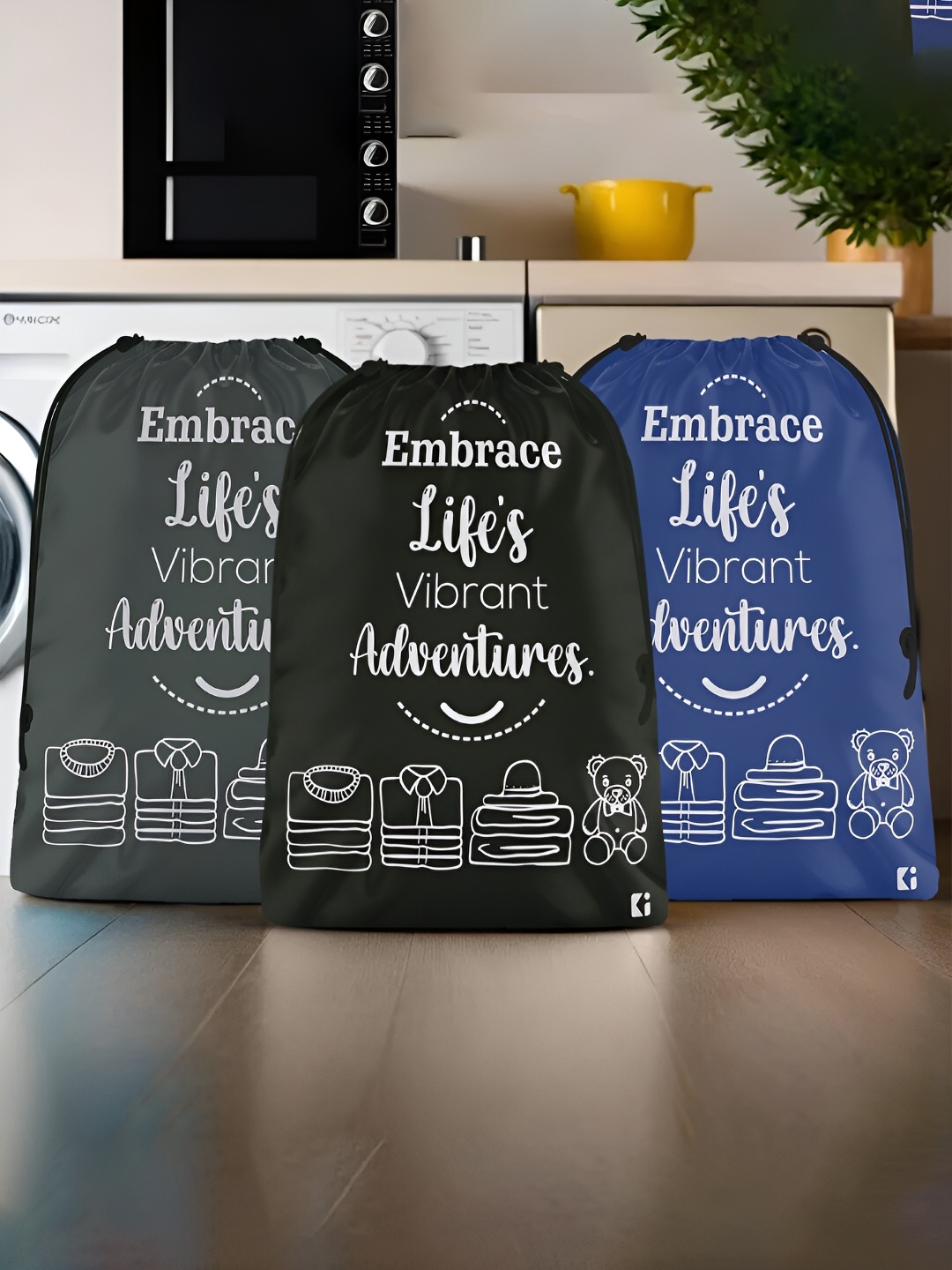 

Kuber Industries Black & Blue 3 Pcs Printed Cloth Storage Bags