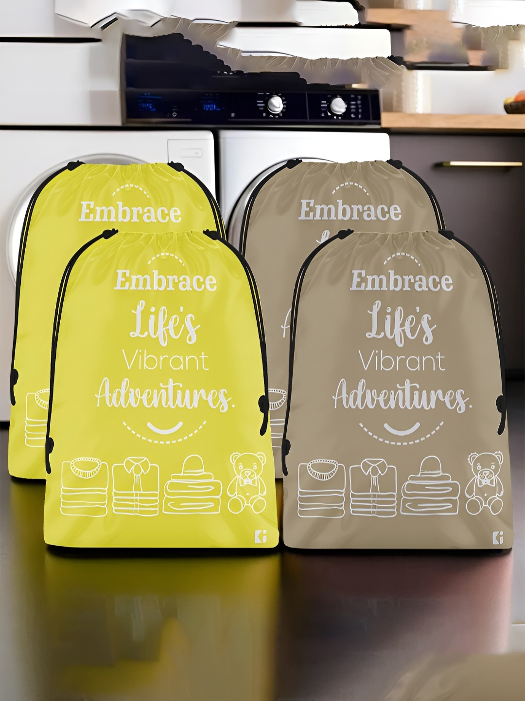 

Kuber Industries Yellow & Brown 4 Pcs Printed Cloth Storage Bags
