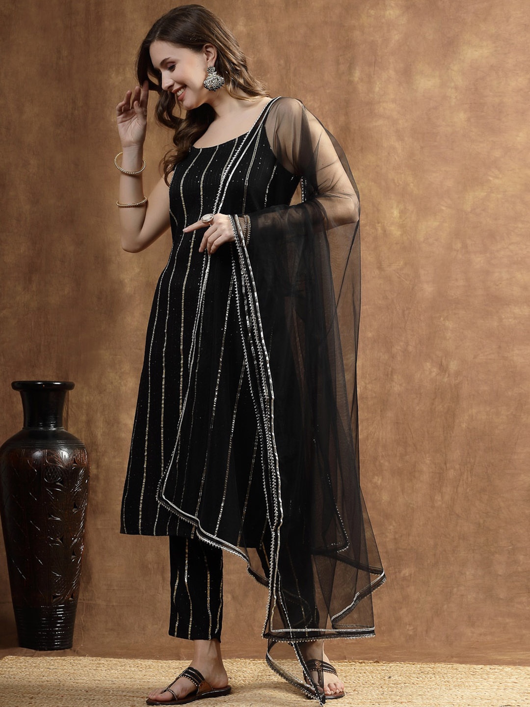 

Stylum Embroidered Regular Sequinned Kurta with Trouser & Dupatta, Black