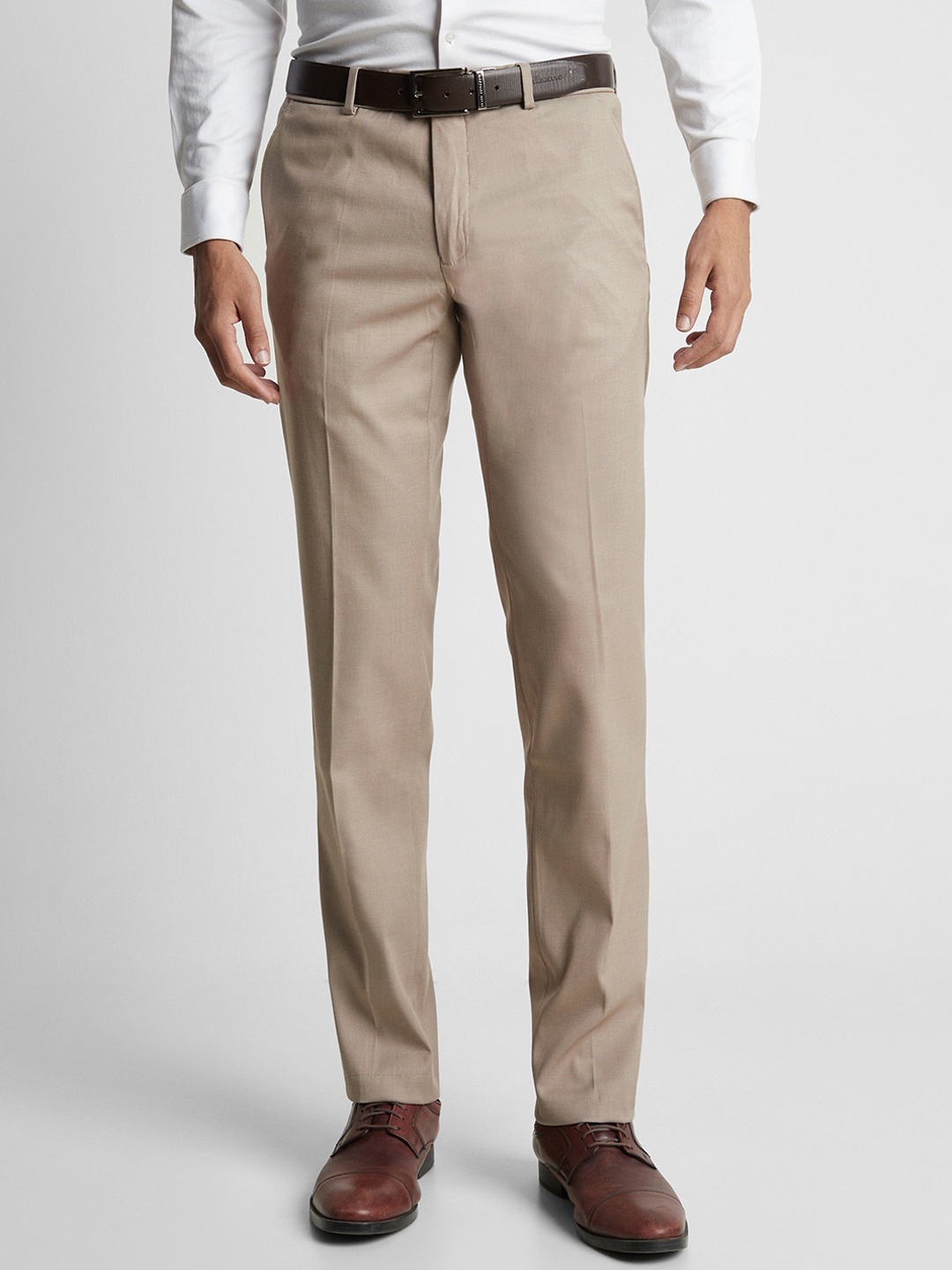 

Peter England Elite Men Textured Slim Fit Mid-Rise Formal Trousers, Beige