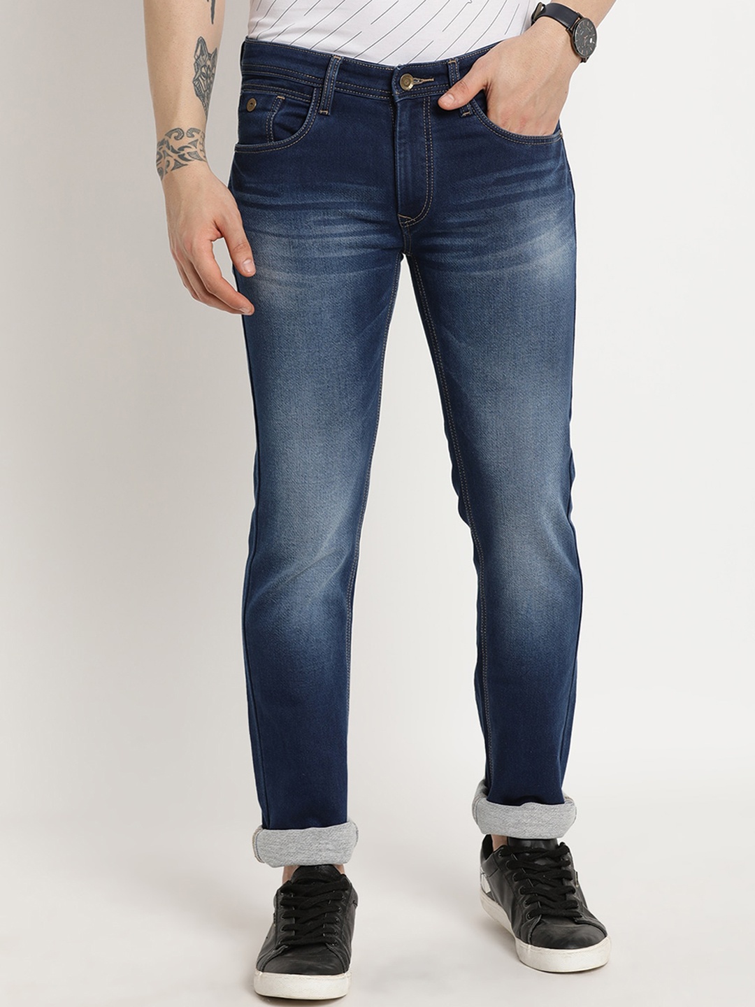 

Turtle Men Narrow Tapered Fit Heavy Fade Stretchable Jeans, Blue