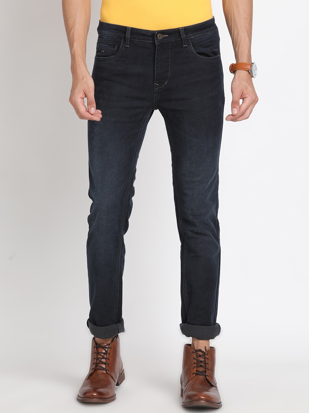 

Turtle Men Narrow Tapered Fit Clean Look Mid Rise Stretchable Jeans, Navy blue