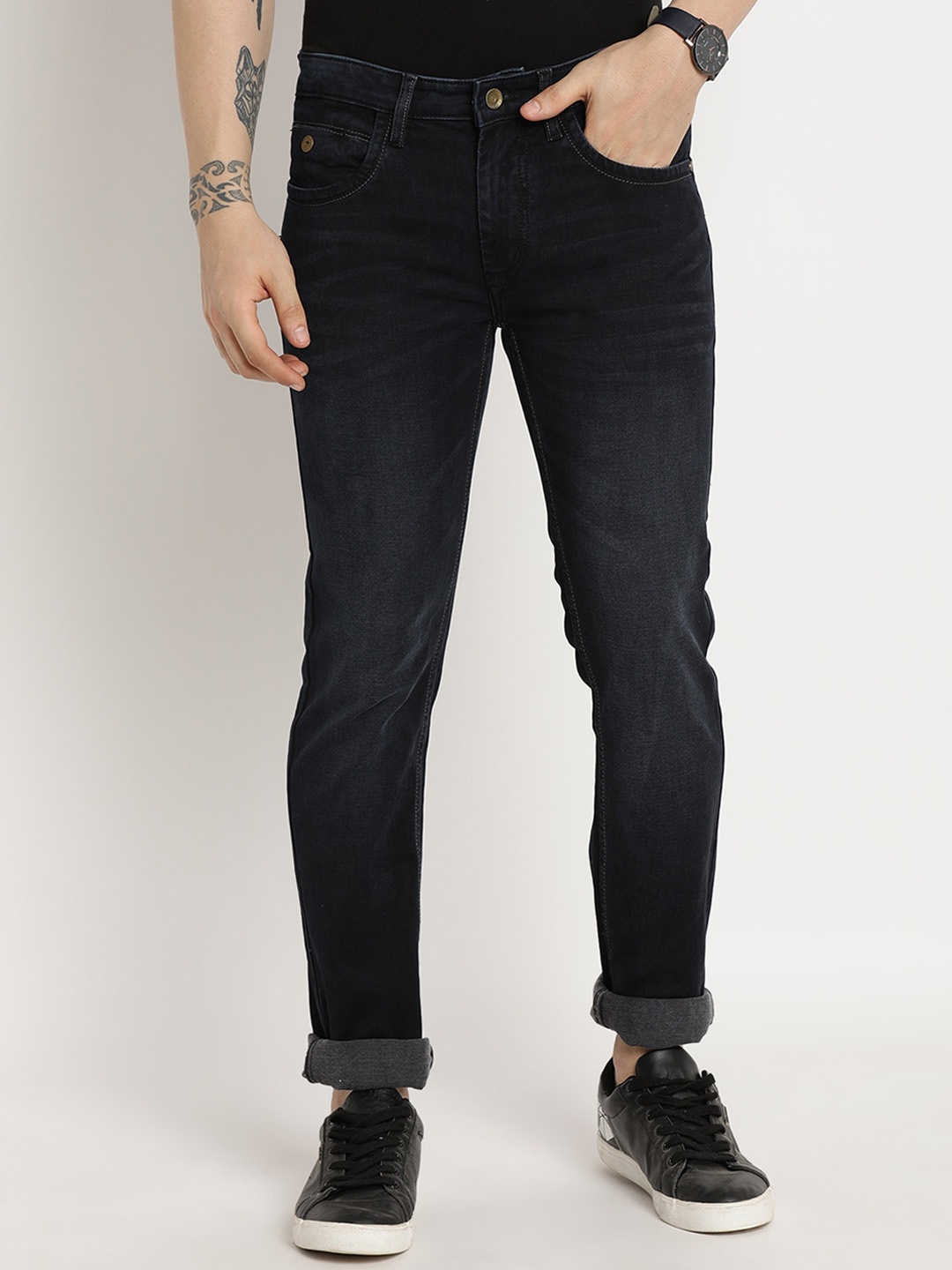 

Turtle Men Narrow Tapered Fit Clean Look Mid Rise Light Fade Stretchable Jeans, Navy blue