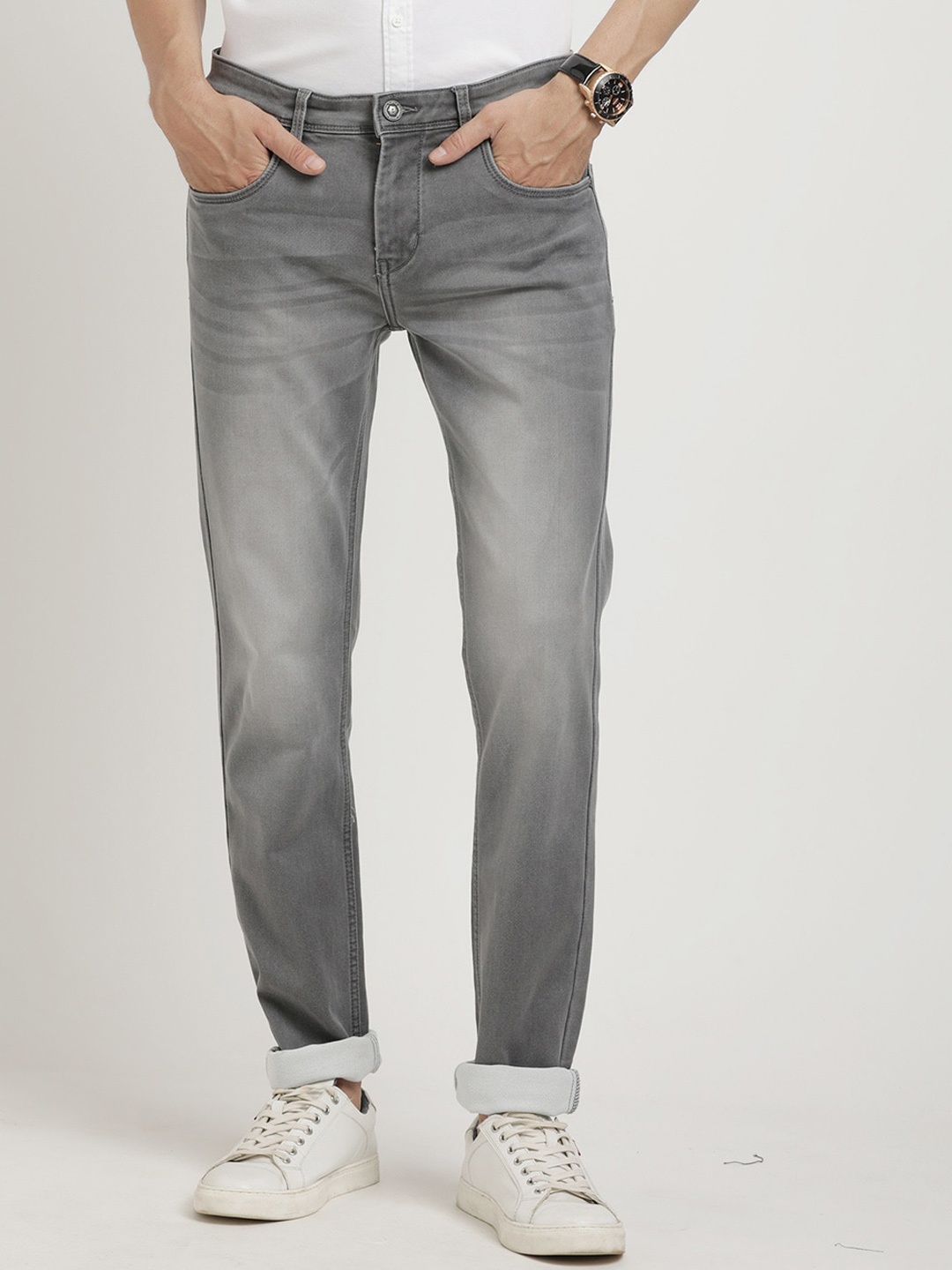 

Turtle Men Narrow Tapered Fit Heavy Fade Stretchable Jeans, Grey