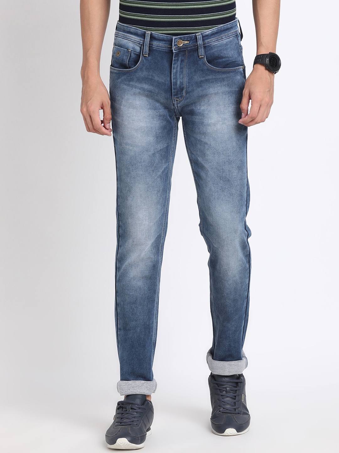 

Turtle Men Narrow Tapered Fit Clean Look Heavy Fade Stretchable Jeans, Blue