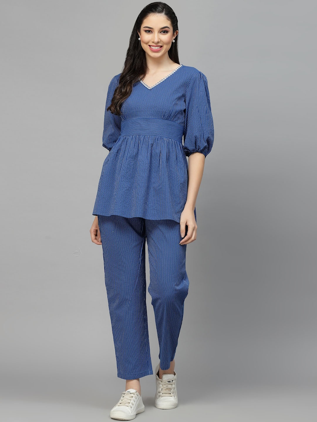 

Stylum Blue Woven-Design Pure Cotton Top With Trouser Co-Ords