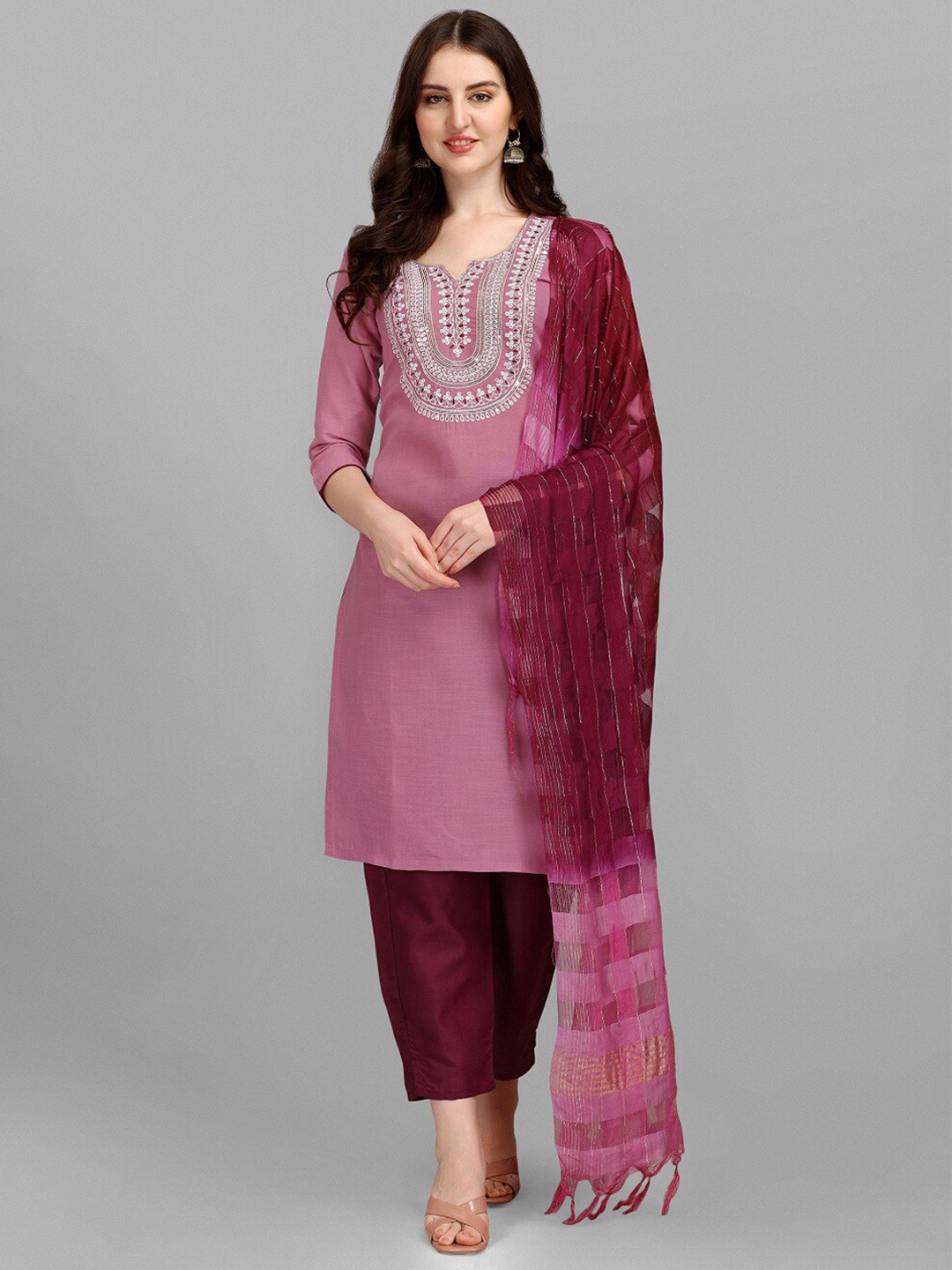 

S.K.C Ethnic Motifs Yoke Design Regular Thread Work Kurta with Pyjama & Dupatta, Pink