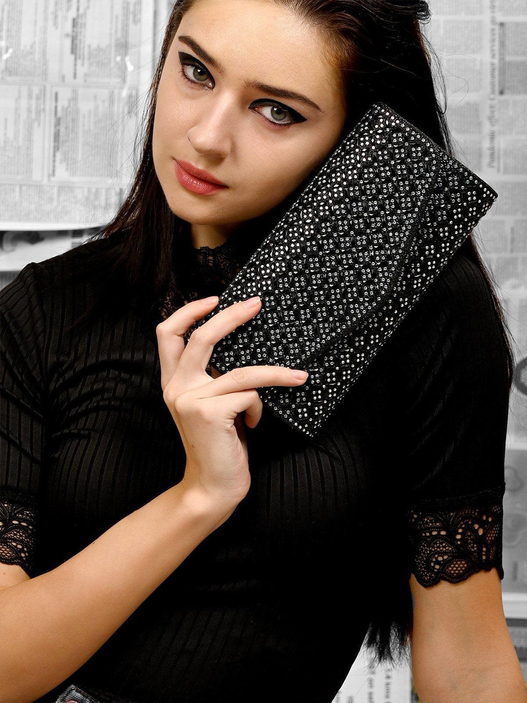 

ODETTE Embellished Envelope Clutch, Black