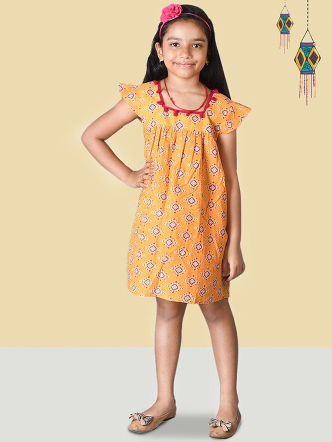 

Kids On Board Girls Floral Print Cotton A-Line Dress, Yellow