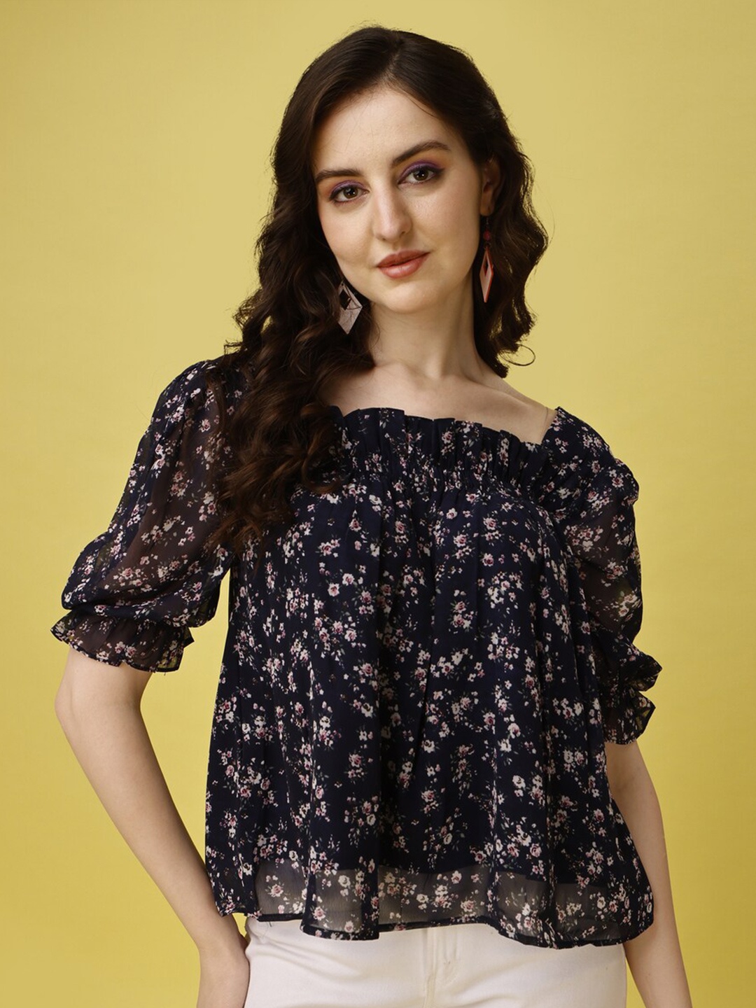 

Fashion2wear Floral Printed Square Neck Puff Sleeve Georgette Top, Blue
