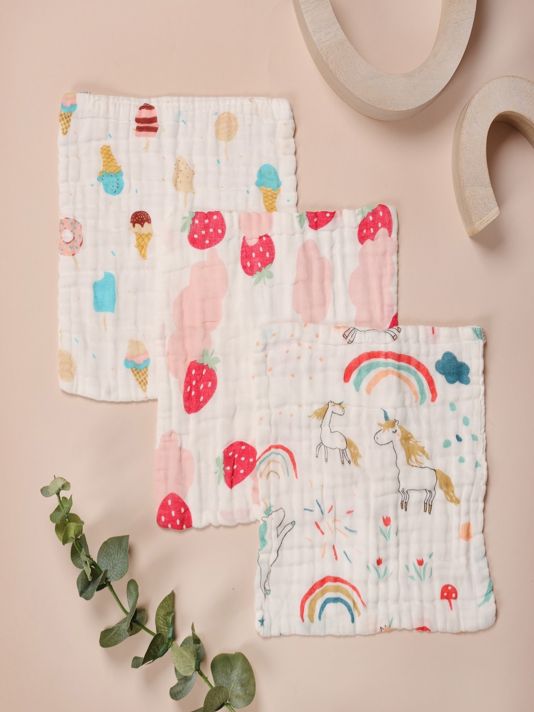 

KICKS & CRAWL Infants Pack Of 3 Printed Cotton Wash Cloths, White