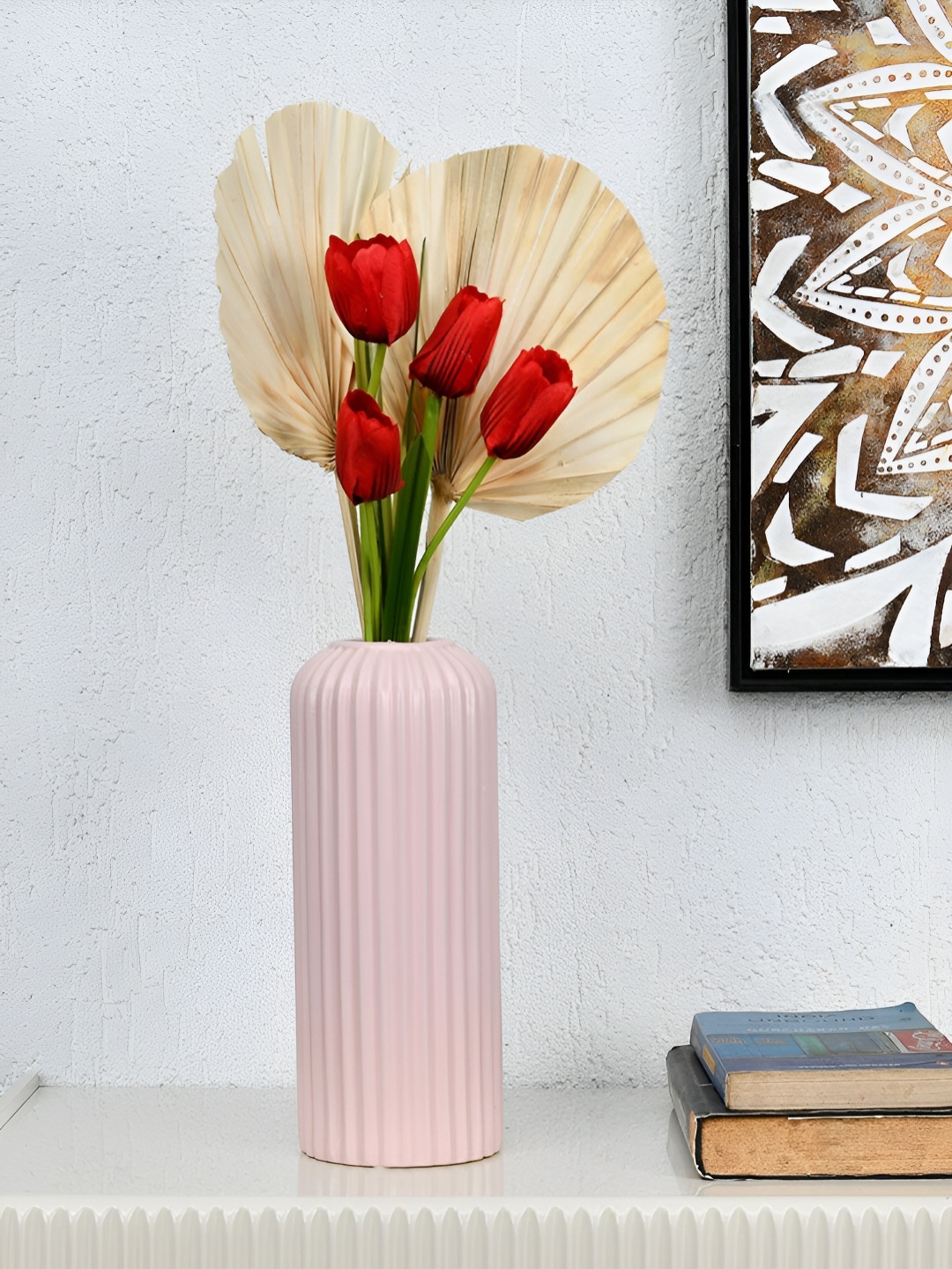 

Athome by Nilkamal Pink Ribbed Ceramic Tabletop Vase