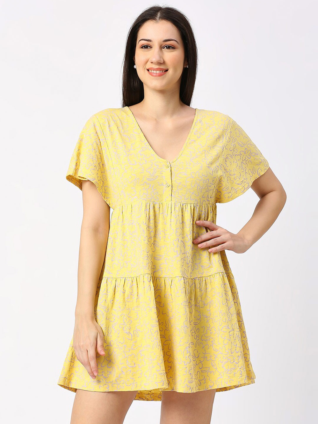 

Being Human Floral Printed Short Sleeve A-Line Dress, Yellow