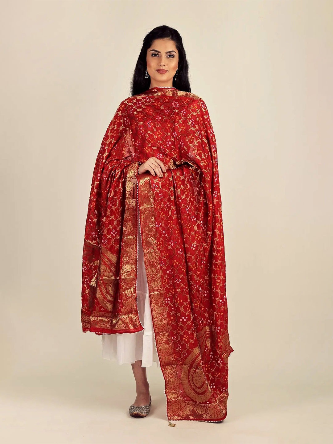 

Exotic India Woven Design Bandhani Dupatta with Gotta Patti, Red