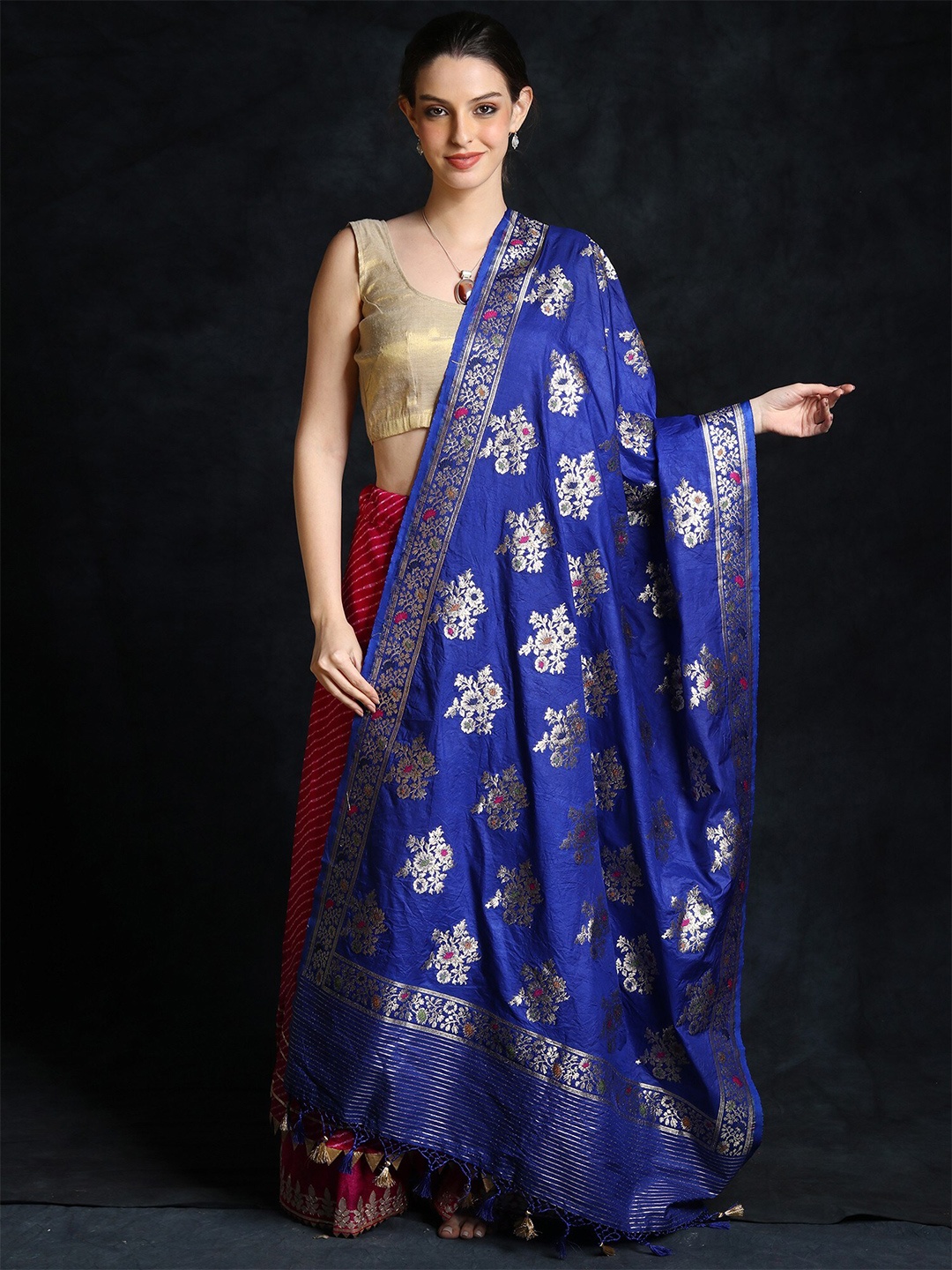 

Exotic India Ethnic Motifs Woven Design Brocade Silk Dupatta, Blue