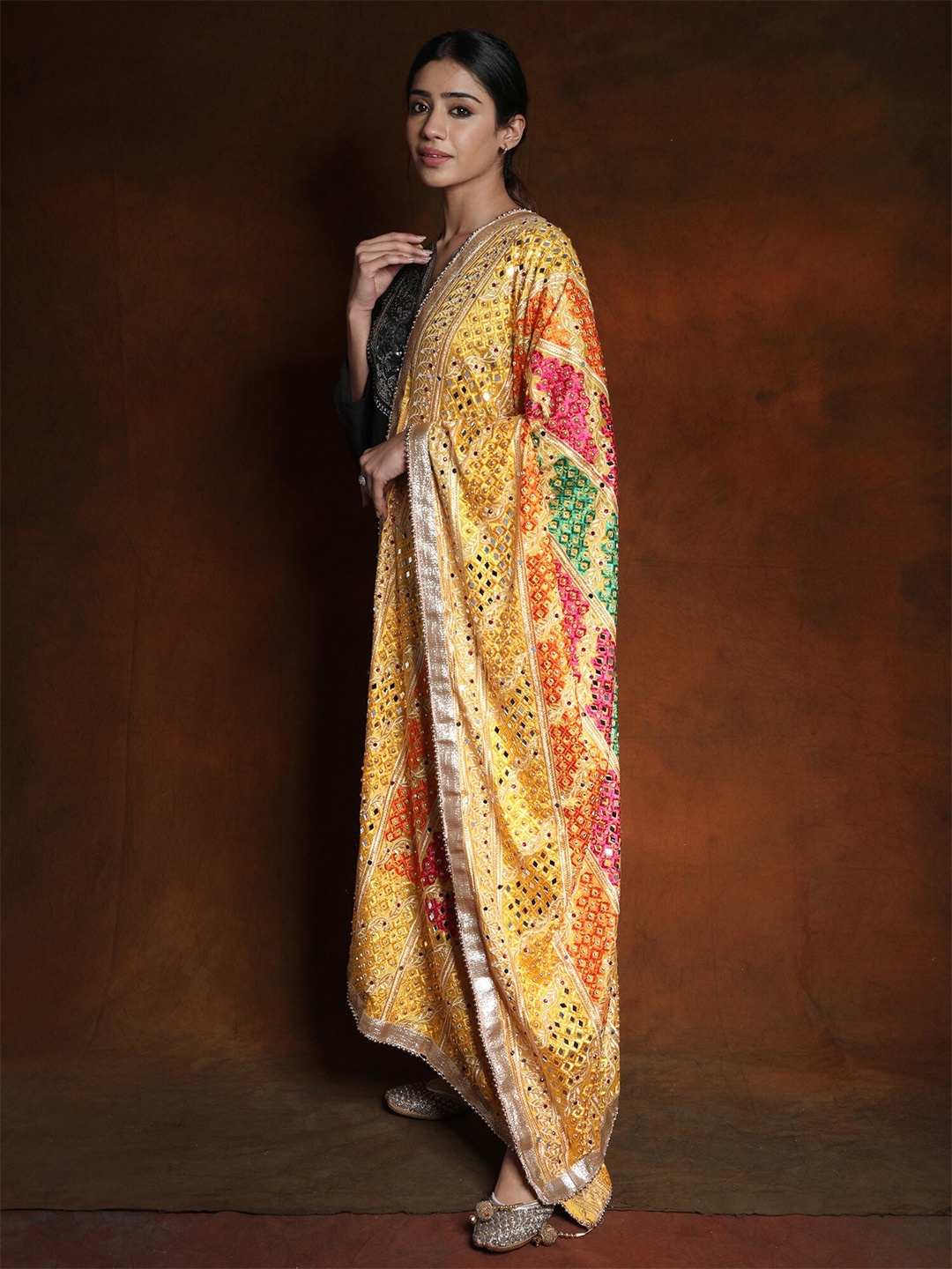 

Exotic India Amber Yellow Phulkari Mirror Embroidered Silk Dupatta and Gotapatti Border