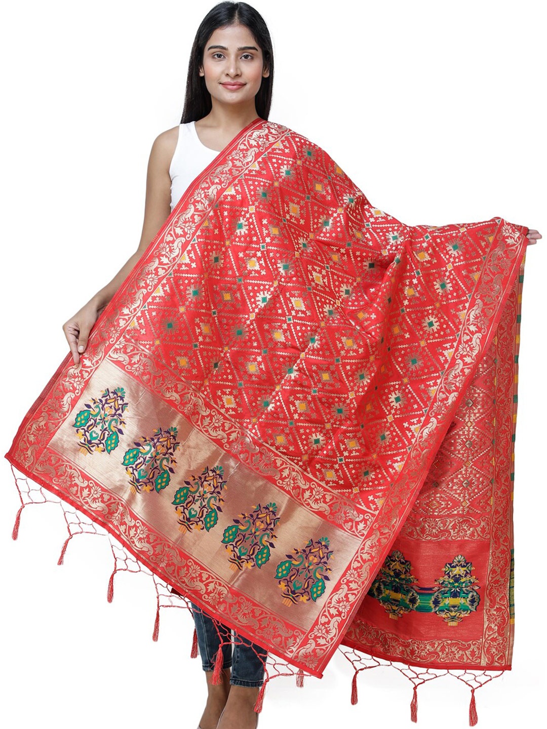 

Exotic India Flame Scarlet Brocade Art Silk Dupatta with Birds and Geometric Motifs, Red