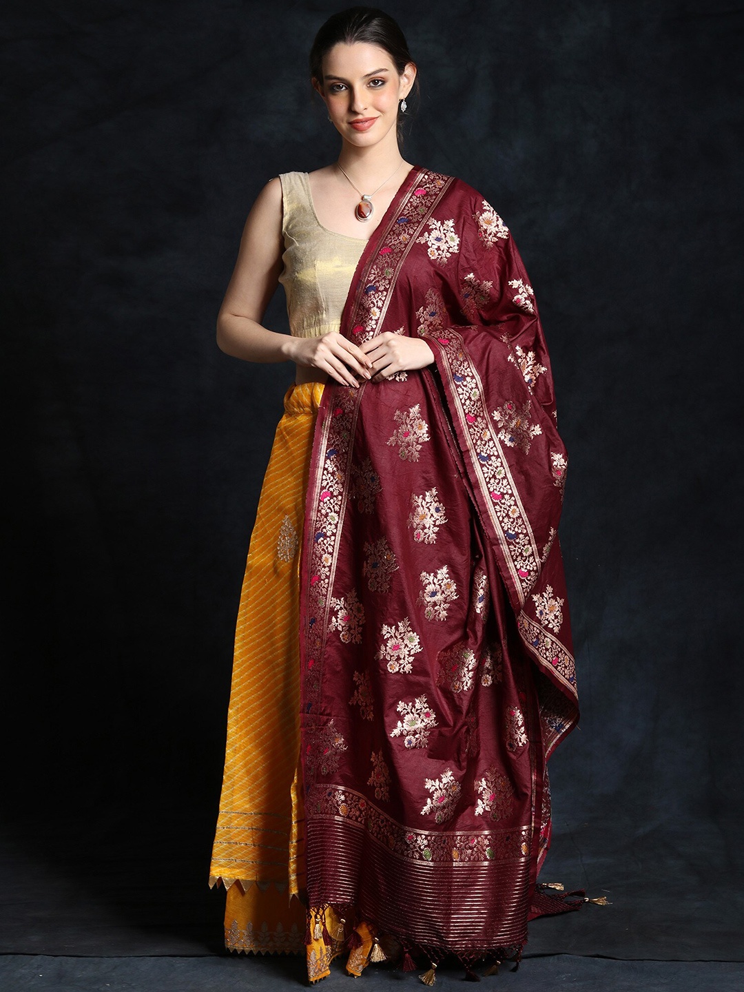 

Exotic India Madder Brown Banarasi Silk Floral Motif Brocaded Dupatta with Latkan Palla